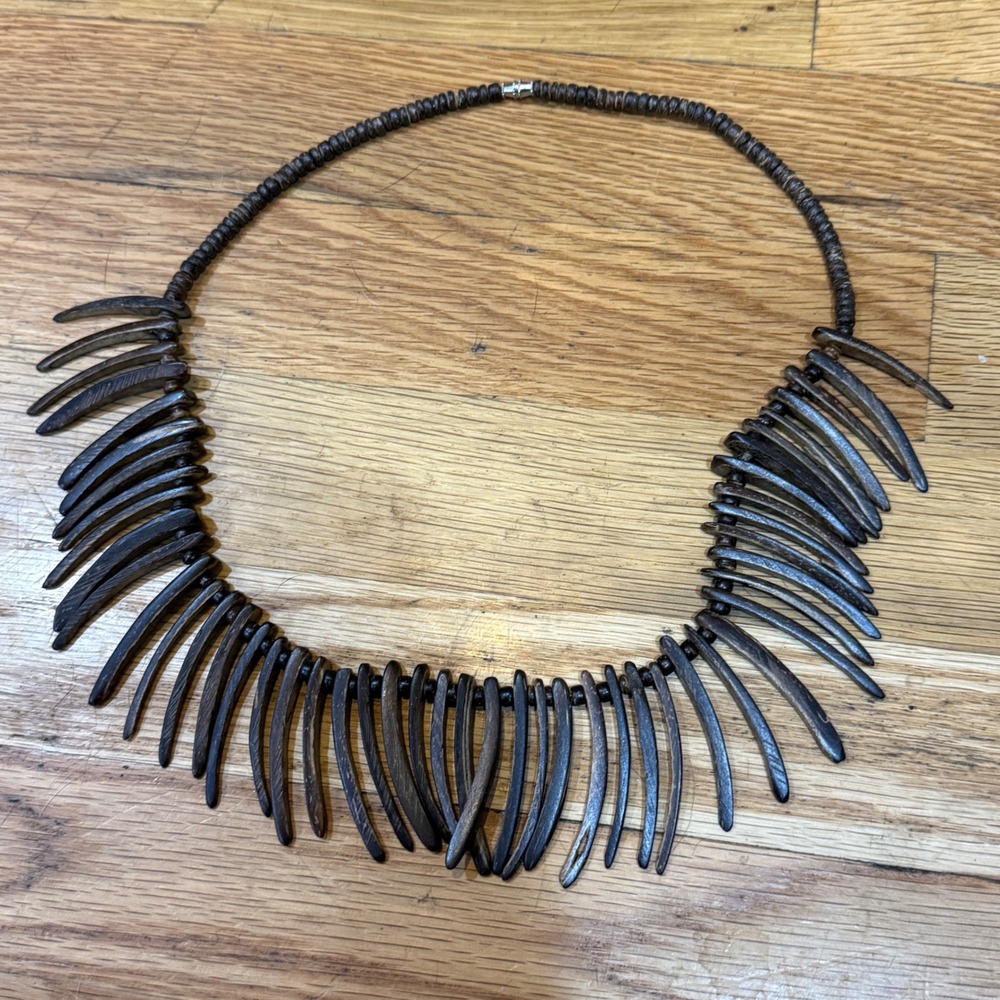 Tribal Dark Brown Wood Spike Fringe Bib Statement Necklace 24 Inch Screw Clasp - Picture 2 of 6